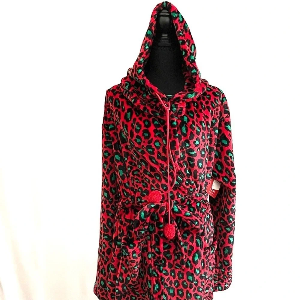🔥 Sleep Chic NWT Plush Short Robe XXL Red Green Animal Print